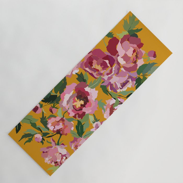 Happy peony with mustard yellow background Yoga Mat Gallery Image 1