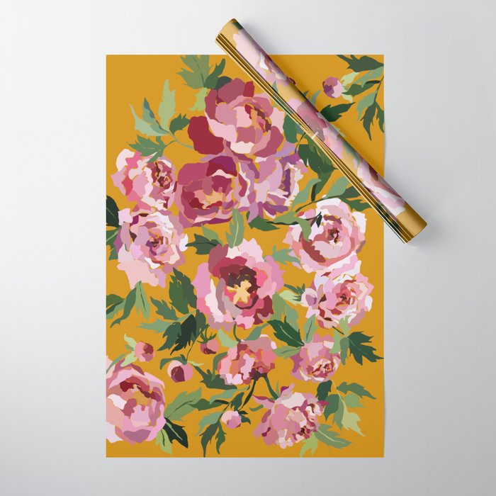 Happy peony with mustard yellow background Wrapping Paper Gallery Image 1
