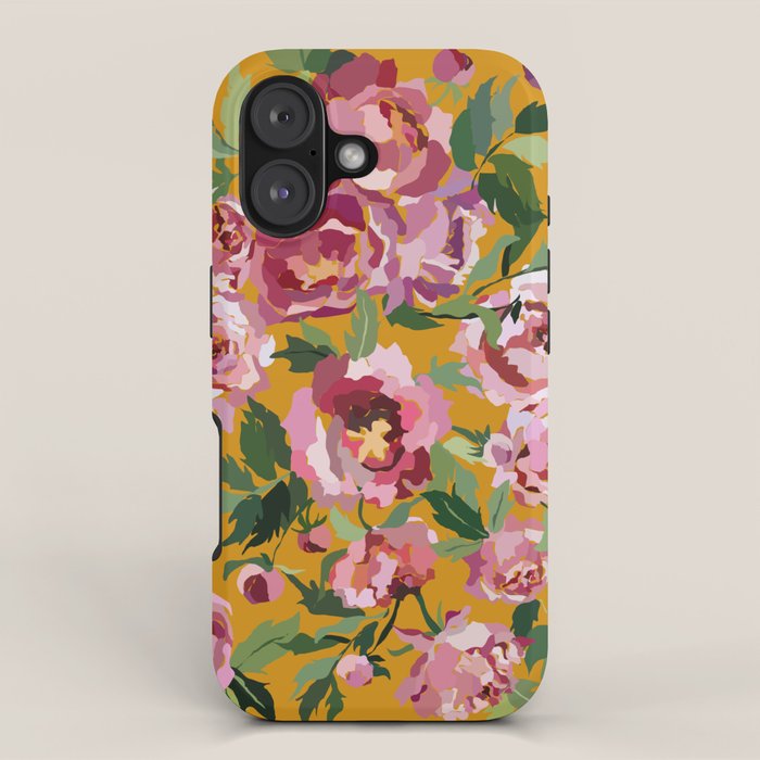Happy peony with mustard yellow background iPhone Case Gallery Image 1
