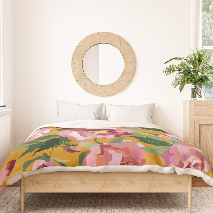 Happy peony with mustard yellow background Duvet Cover Gallery Image 3