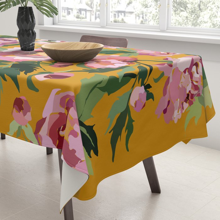 Happy peony with mustard yellow background Tablecloth Gallery Image 3