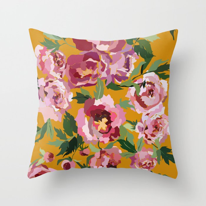 Happy peony with mustard yellow background Throw Pillow Gallery Image 6