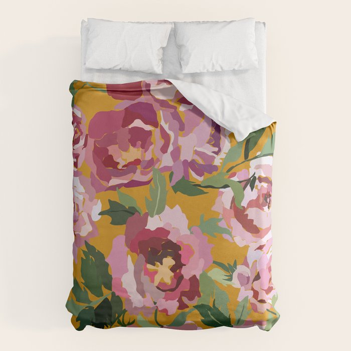 Happy peony with mustard yellow background Duvet Cover Gallery Image 6