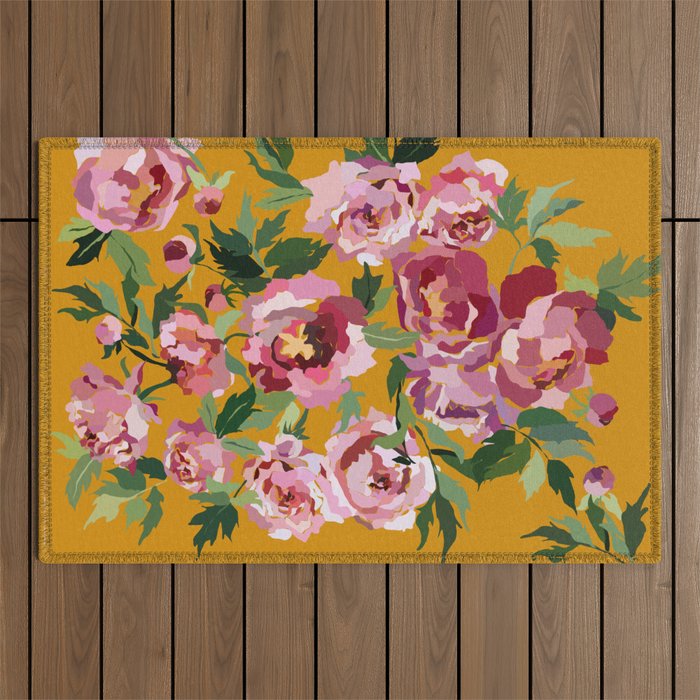 Happy peony with mustard yellow background Outdoor Rug Gallery Image 1