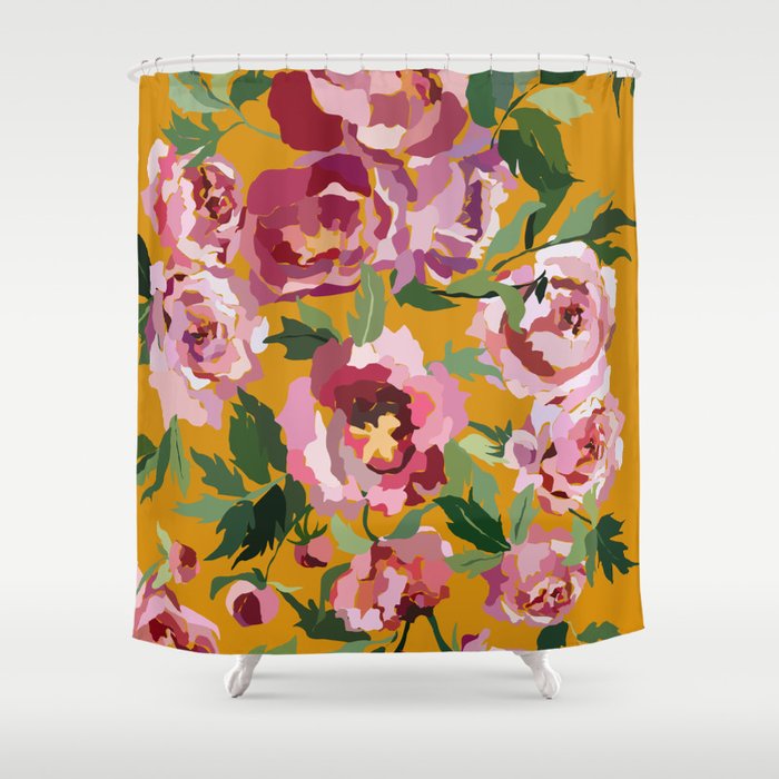 Happy peony with mustard yellow background Shower Curtain Gallery Image 1