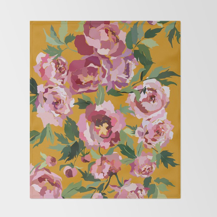 Happy peony with mustard yellow background Throw Blanket Gallery Image 2