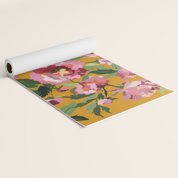 Happy peony with mustard yellow background Yoga Mat Gallery Image 2