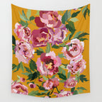 Happy peony with mustard yellow background Wall Tapestry Gallery Image 4