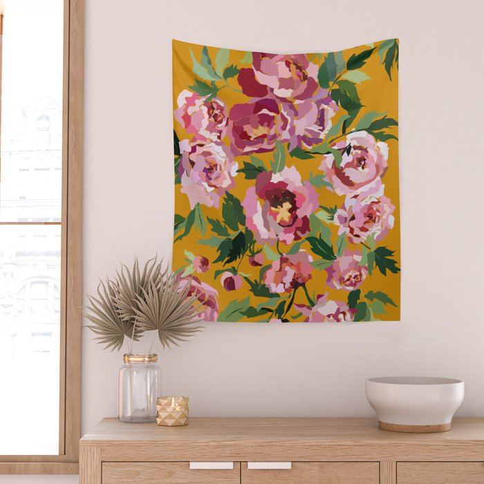 Happy peony with mustard yellow background Wall Tapestry Gallery Image 2