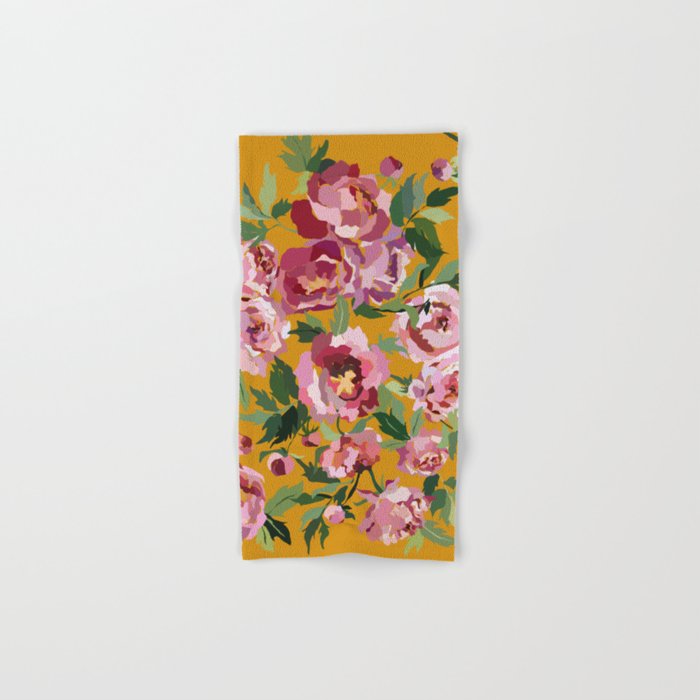 Happy peony with mustard yellow background Bath Towel Gallery Image 1