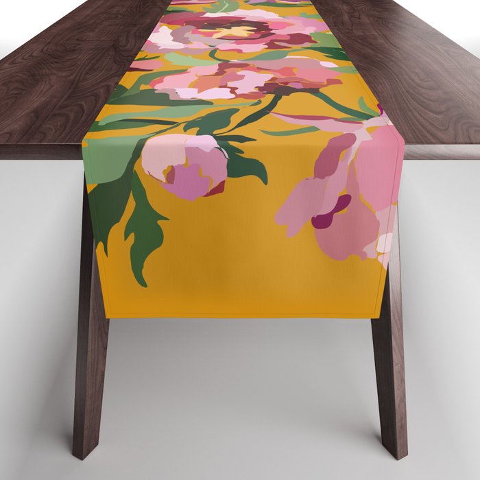 Happy peony with mustard yellow background Table Runner