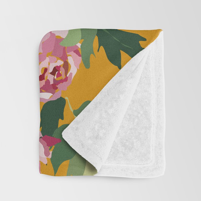 Happy peony with mustard yellow background Throw Blanket Gallery Image 3
