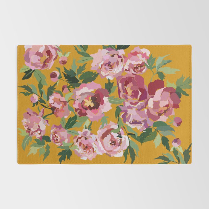 Happy peony with mustard yellow background Rug Gallery Image 2