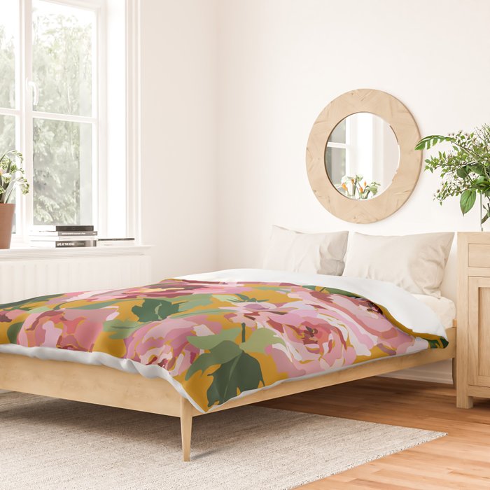 Happy peony with mustard yellow background Duvet Cover Gallery Image 2