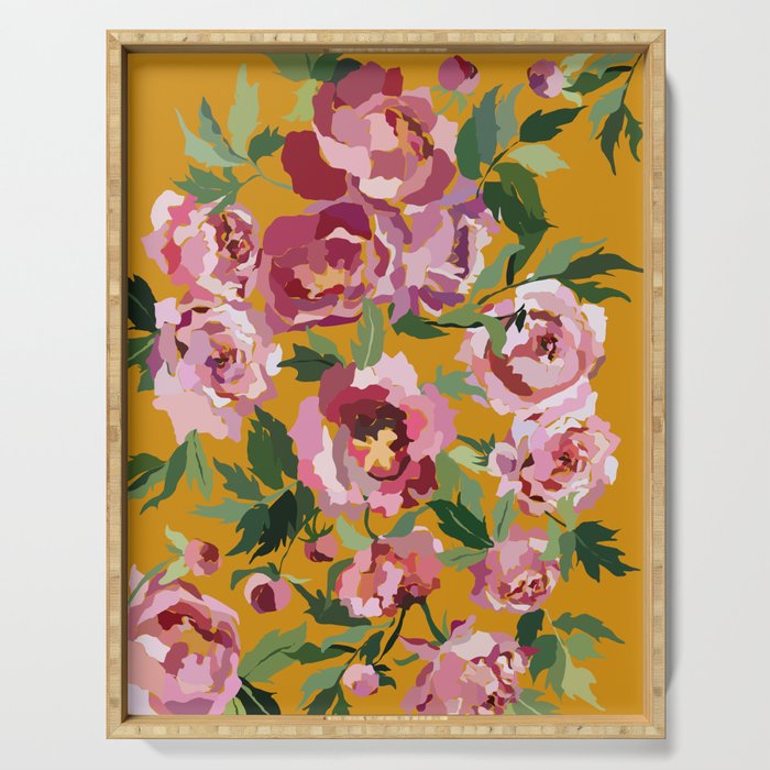 Happy peony with mustard yellow background Serving Tray Gallery Image 1