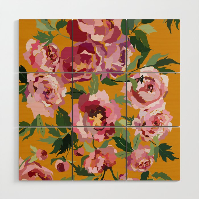 Happy peony with mustard yellow background Wood Wall Art Gallery Image 1
