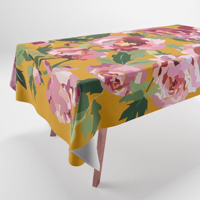 Happy peony with mustard yellow background Tablecloth Gallery Image 1