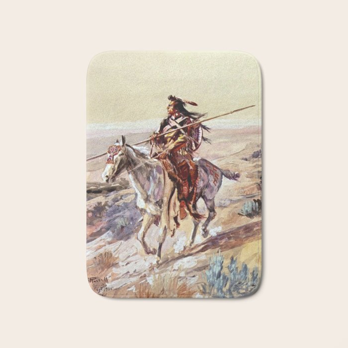 âIndian With Spear â by Charles M Russell Bath Mat Gallery Image 1