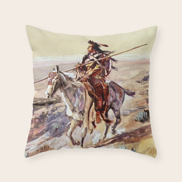 âIndian With Spear â by Charles M Russell Throw Pillow Gallery Image 1