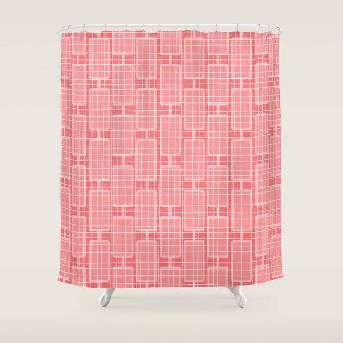 Mid Century Modern Woven Link Pattern in Pink and White Shower Curtain Gallery Image 1