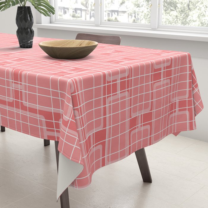 Mid Century Modern Woven Link Pattern in Pink and White Tablecloth Gallery Image 3