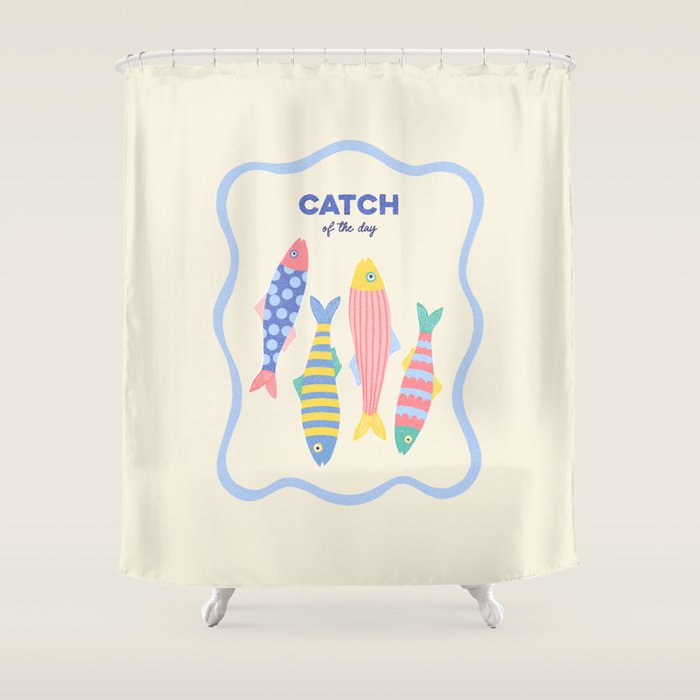  Catch of the Day - Playful Retro Sardine in fun stripes and dots Shower Curtain Gallery Image 1