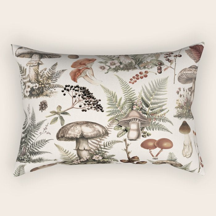 Woodland Vibes Mushroom And Fern Pattern Beige Rectangular Pillow Gallery Image 1