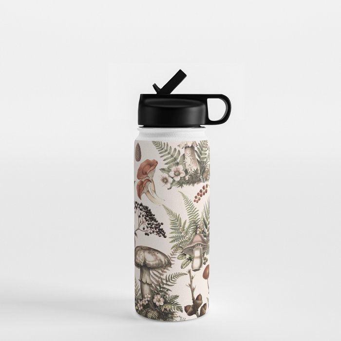 Woodland Vibes Mushroom And Fern Pattern Beige Water Bottle Gallery Image 1