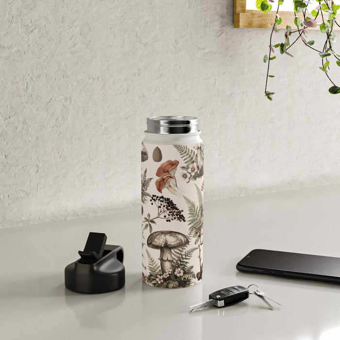 Woodland Vibes Mushroom And Fern Pattern Beige Water Bottle Gallery Image 4