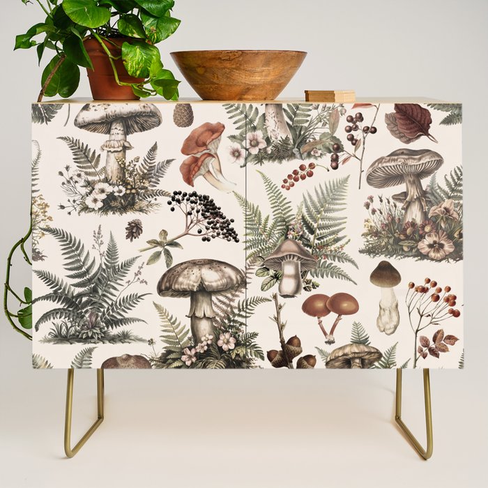 Woodland Vibes Mushroom And Fern Pattern Beige Credenza Gallery Image 1