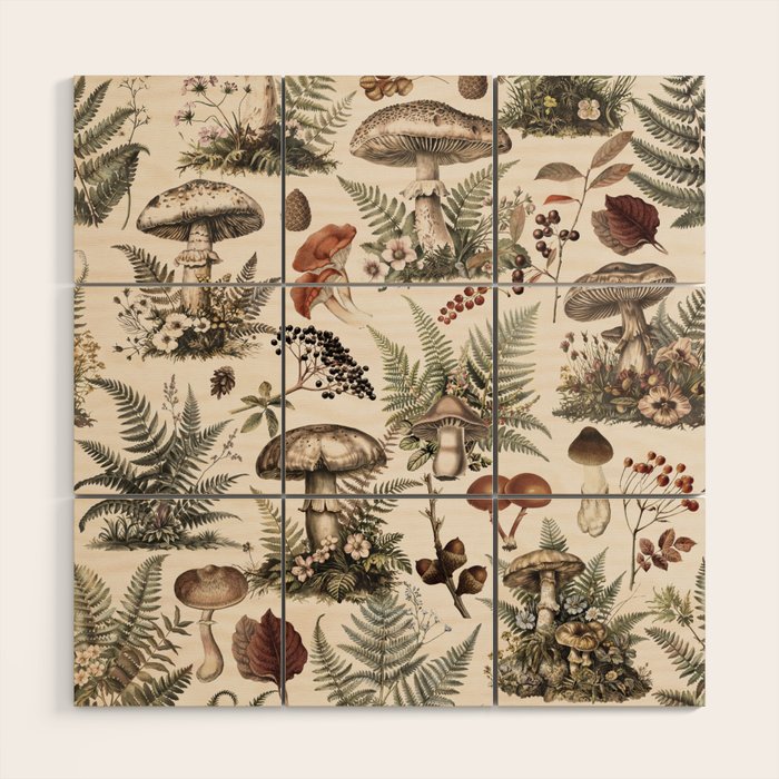 Woodland Vibes Mushroom And Fern Pattern Beige Wood Wall Art Gallery Image 1