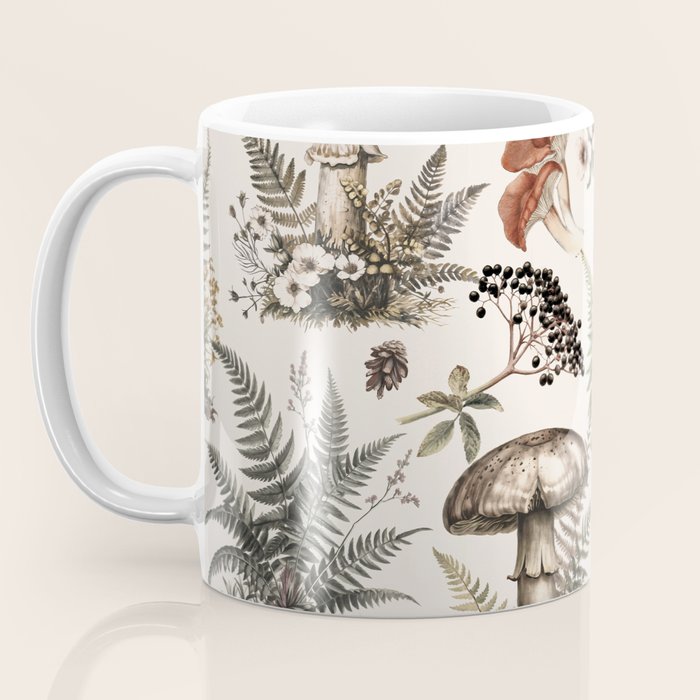 Woodland Vibes Mushroom And Fern Pattern Beige Coffee Mug Gallery Image 3