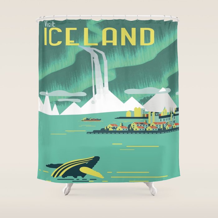 Vintage Mid Century Modern Iceland Scandinavian Travel Poster Ocean Whale Winter Village Shower Curtain Gallery Image 1