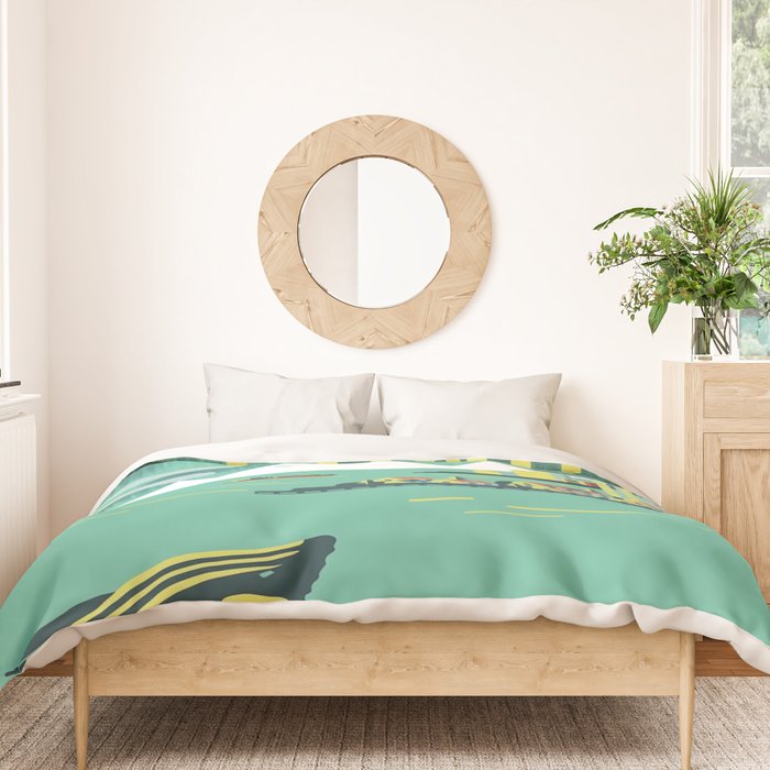 Vintage Mid Century Modern Iceland Scandinavian Travel Poster Ocean Whale Winter Village Duvet Cover Gallery Image 3