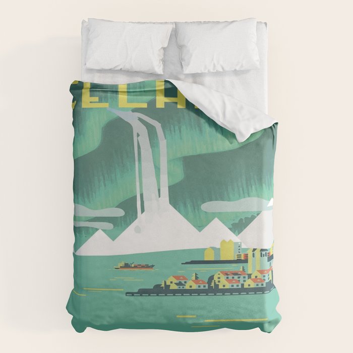 Vintage Mid Century Modern Iceland Scandinavian Travel Poster Ocean Whale Winter Village Duvet Cover Gallery Image 6