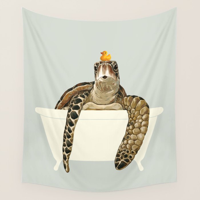 Sea Turtle in Bathtub #green Wall Tapestry Gallery Image 1