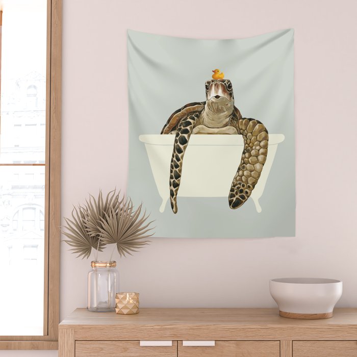 Sea Turtle in Bathtub #green Wall Tapestry Gallery Image 2