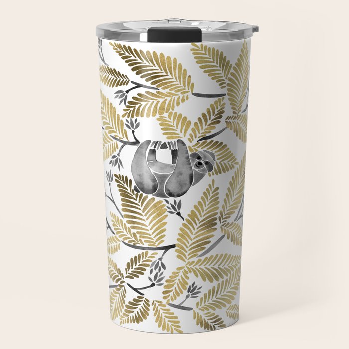 Happy Sloth - Tropical Gold Leaves Travel Mug Gallery Image 1