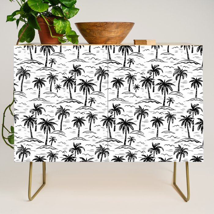 Black and white palm tree beach doodle pattern Credenza Gallery Image 1
