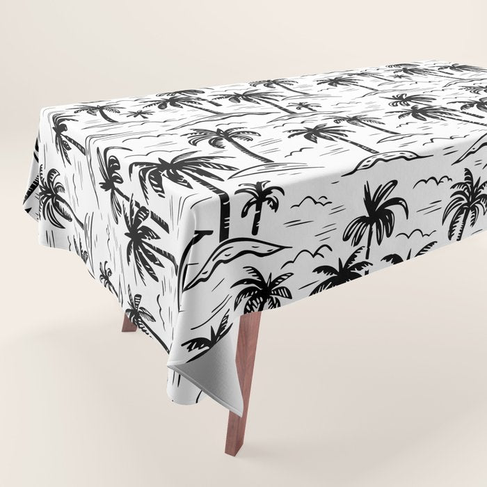 Black and white palm tree beach doodle pattern Tablecloth Gallery Image 1
