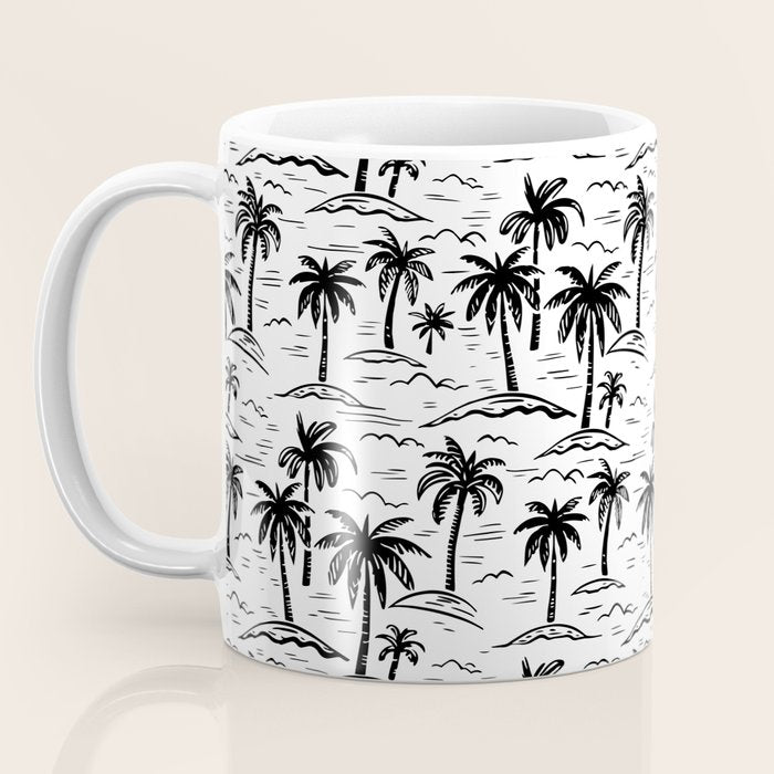Black and white palm tree beach doodle pattern Coffee Mug Gallery Image 3