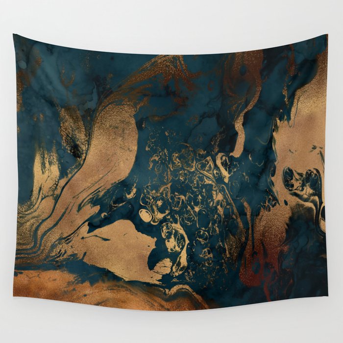 Emerald Indigo And Copper Glamour Marble Wall Tapestry Gallery Image 4