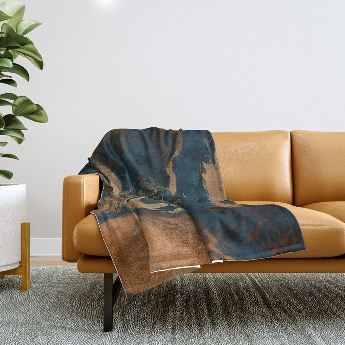 Emerald Indigo And Copper Glamour Marble Throw Blanket Gallery Image 1