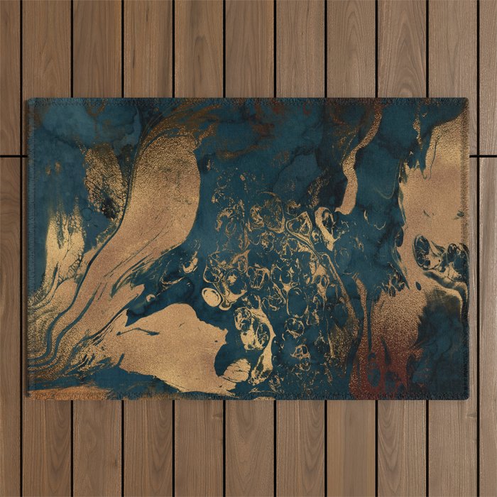 Emerald Indigo And Copper Glamour Marble Outdoor Rug Gallery Image 1