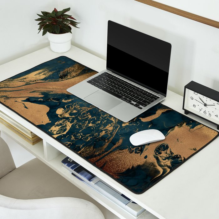 Emerald Indigo And Copper Glamour Marble Desk Mat Gallery Image 2