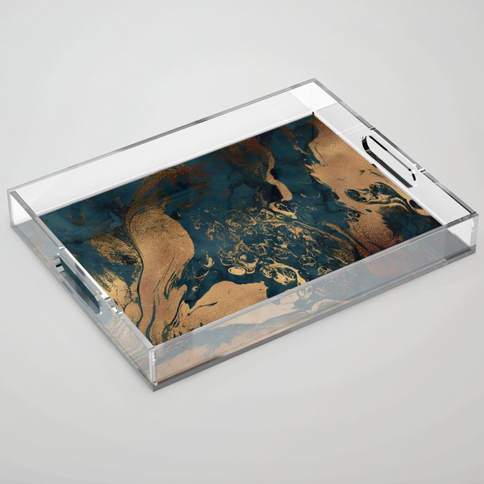 Emerald Indigo And Copper Glamour Marble Acrylic Tray Gallery Image 1