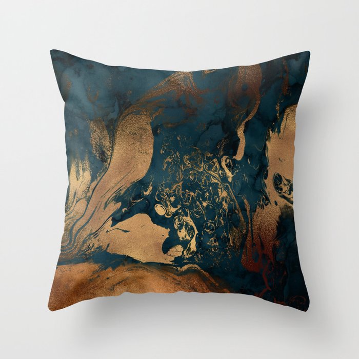 Emerald Indigo And Copper Glamour Marble Throw Pillow Gallery Image 6