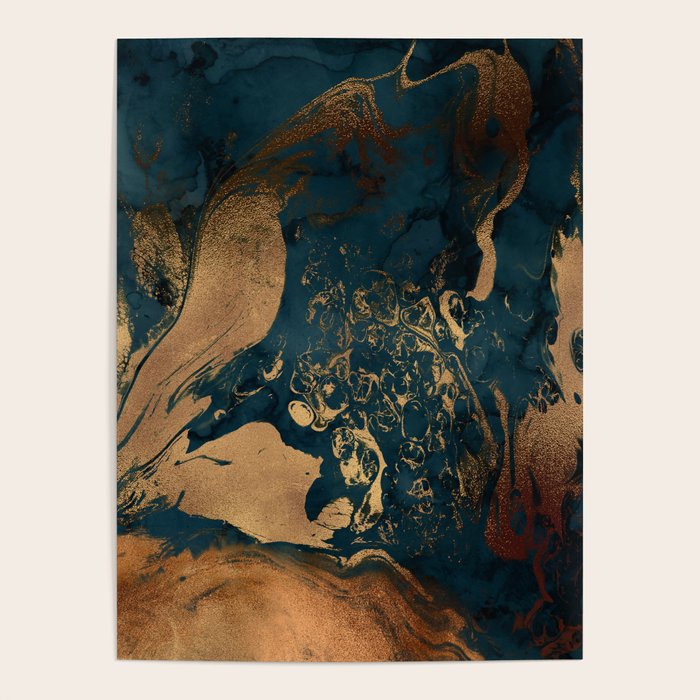 Emerald Indigo And Copper Glamour Marble Poster Gallery Image 1