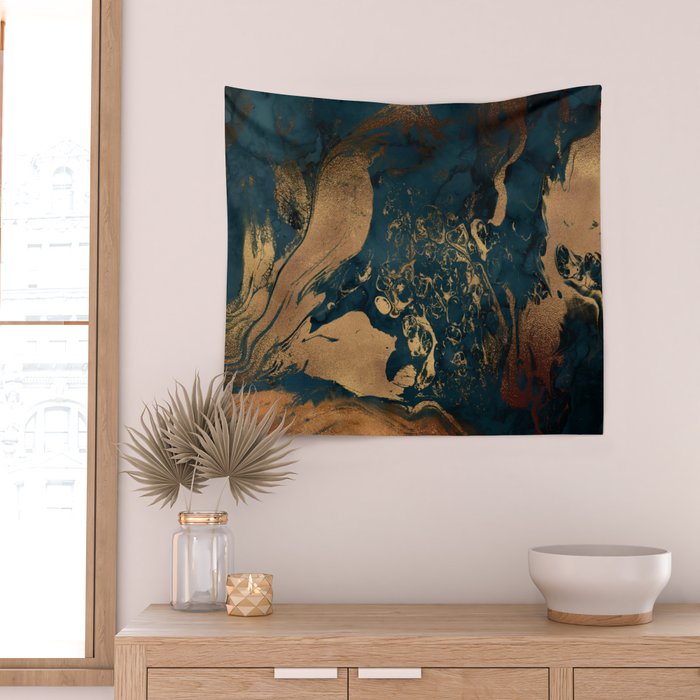 Emerald Indigo And Copper Glamour Marble Wall Tapestry Gallery Image 2