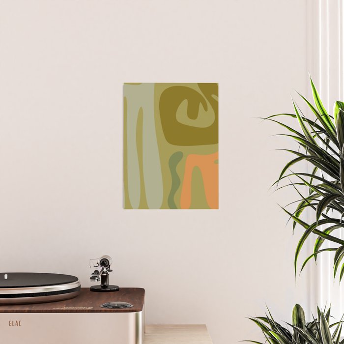 Mid Century Modern Kwaito Abstract Pattern in Vintage Olive Green and Cantaloupe Orange Poster Gallery Image 2